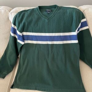 American Eagle Outfitters V-Neck Sweater in Green with Blue Stripe